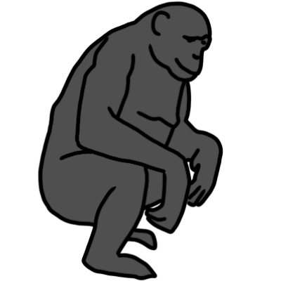 a dark grey bonobo, crouching and facing the right.